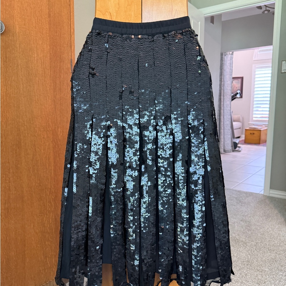 Black Sequin Midi A-Line Skirt